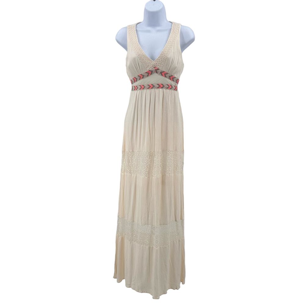 Flying Tomato Aztec/Lace Boho Dress WMN XS Pleated Smocked Stretchy Waist V-neck